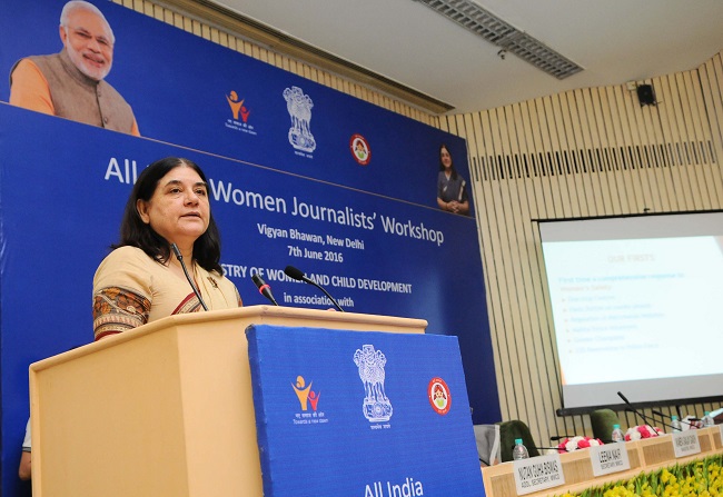 The Union Minister for Women and Child Development, Smt. Maneka Sanjay Gandhi addressing at the inauguration of the All India Women Journalists workshop, jointly organised by the Ministry of Women and Child Development and Press Information Bureau, in New Delhi on June 07, 2016.