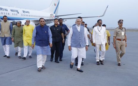 pm modi arrives in surat for run marathon