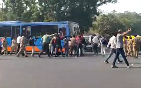 brts bus stopped by nsui in ahmedabad